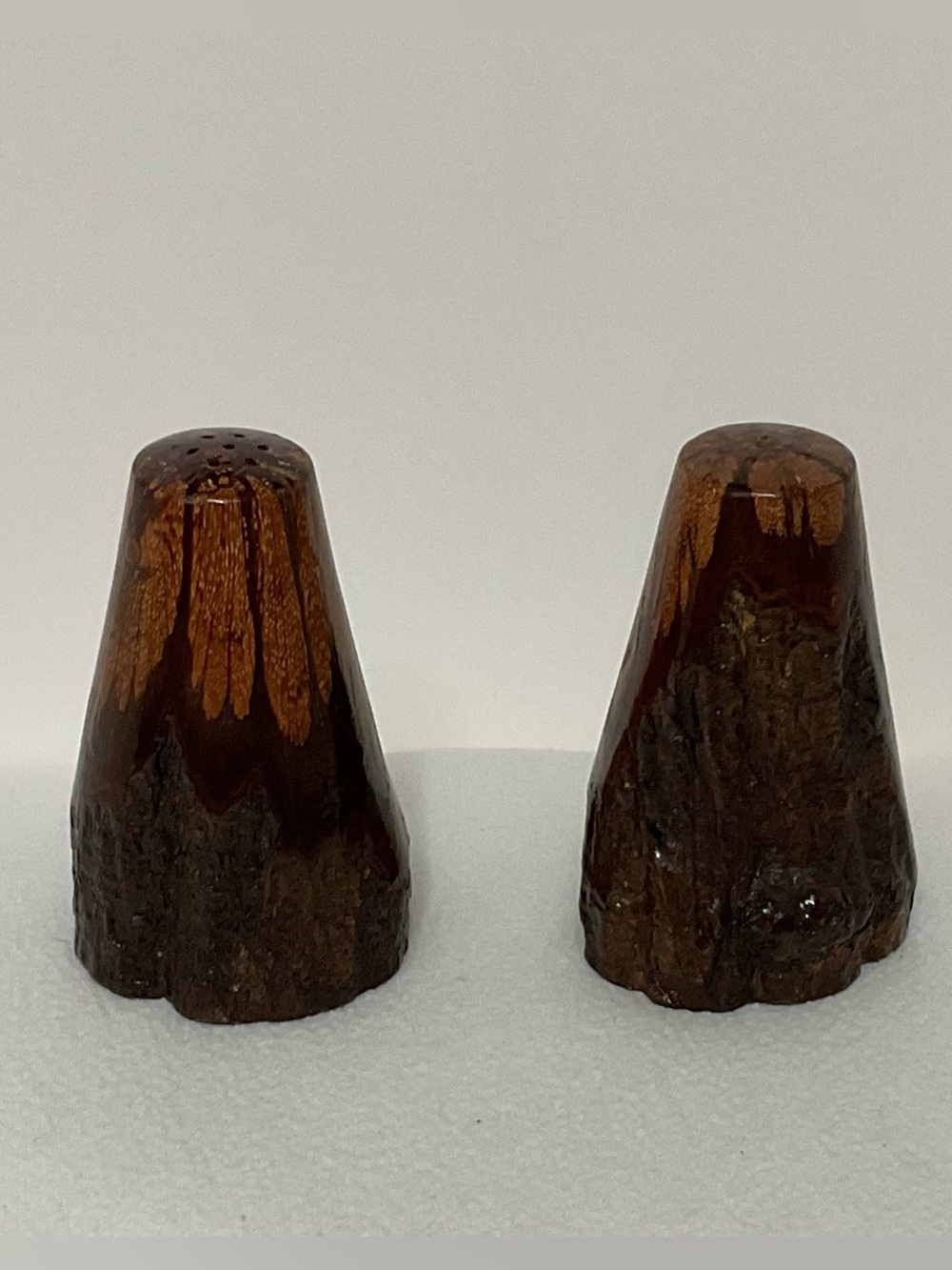 SET of VINTAGE WOODEN BARK SALT AND PEPPER SHAKERS